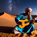 **Berber Musician Performance**: Create an image of a Berber musician playing the Oud under a starlit desert sky. The musician should be depicted with traditional clothing, surrounded by the natural beauty of the desert, capturing the essence of storytelling through music.