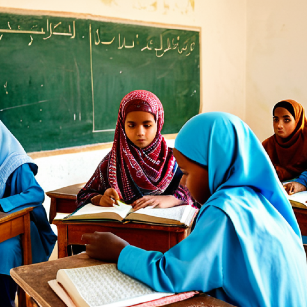 Islamic Education in Mauritania**

"A group of children, fully clothed in traditional West African attire, studying the Quran in a bright and airy classroom in Nouakchott, Mauritania. The classroom is modestly furnished with wooden desks and colorful Islamic art. The children are focused and engaged in their learning. Safe for work, appropriate content, family-friendly, perfect anatomy, correct proportions, well-formed hands, natural pose, professional photography, high quality."

**