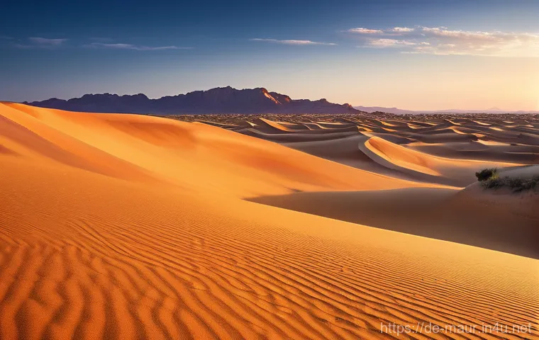 아드라르 산맥 탐험 - **Golden Dunes at Dawn**
    A lone figure, silhouetted against a breathtaking desert sunrise, stand...