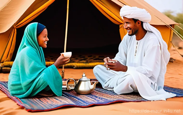 모리타니 유목 생활 - **A Mauritanian Tea Ceremony of Welcome:** A serene and warm scene depicting a nomadic family (a man...
