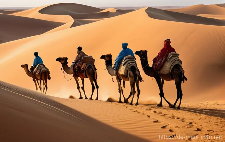 모리타니 유목 생활 - **A Mauritanian Tea Ceremony of Welcome:** A serene and warm scene depicting a nomadic family (a man...