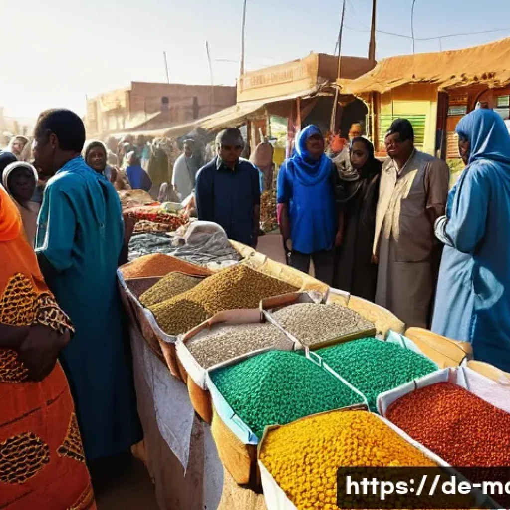 모리타니 환율 변동 - **Prompt:** A vibrant, bustling open-air market scene in Nouakchott, Mauritania, bathed in warm, lat...
