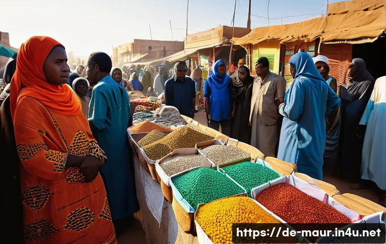 모리타니 환율 변동 - **Prompt:** A vibrant, bustling open-air market scene in Nouakchott, Mauritania, bathed in warm, lat...