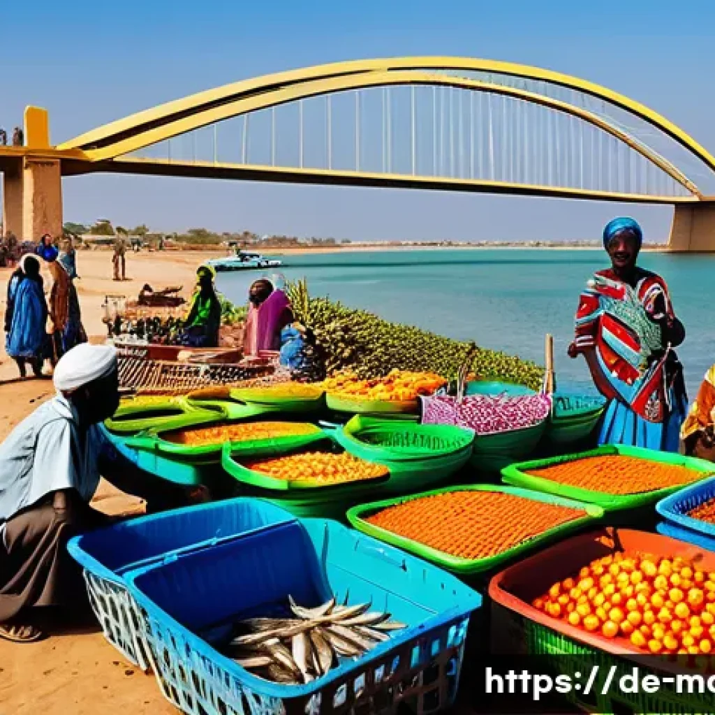 모리타니 세네갈 관계 - A vibrant coastal market scene between Mauritania and Senegal, showcasing fishermen and small trader...