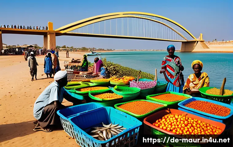 모리타니 세네갈 관계 - A vibrant coastal market scene between Mauritania and Senegal, showcasing fishermen and small trader...