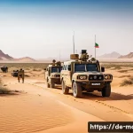 모리타니 알제리 관계 - A detailed scene depicting joint border patrols between Mauritanian and Algerian security forces in ...