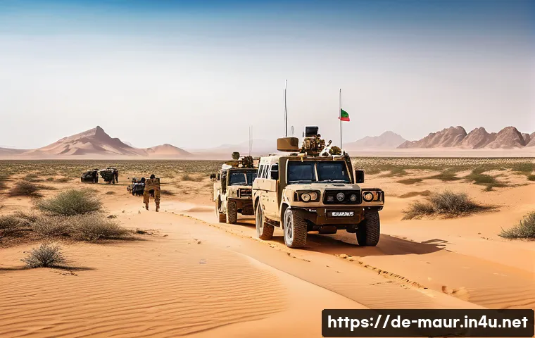 모리타니 알제리 관계 - A detailed scene depicting joint border patrols between Mauritanian and Algerian security forces in ...