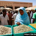 모리타니 노예제 역사 - A bustling Nouakchott open‑air market at high midday, documentary photo style, wide 35mm perspective...
