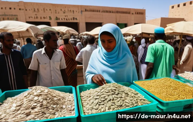 모리타니 노예제 역사 - A bustling Nouakchott open‑air market at high midday, documentary photo style, wide 35mm perspective...