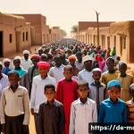 모리타니 인권 상황 - A detailed street scene in a Mauritanian rural village, showing a diverse group of ethnically distin...