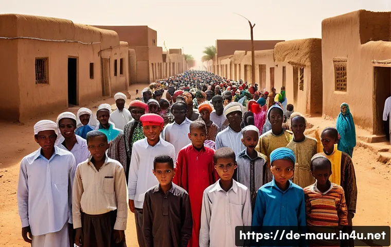 모리타니 인권 상황 - A detailed street scene in a Mauritanian rural village, showing a diverse group of ethnically distin...